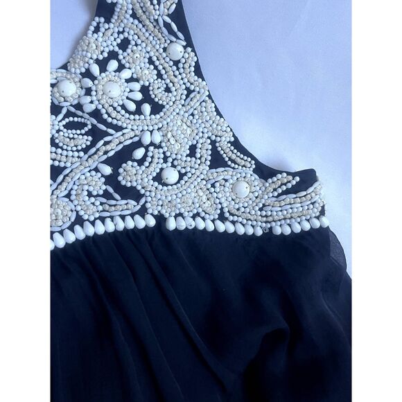 Gold Hawk 100% Silk Mini Tunic Dress Size XS Beaded Black Cream Classy Coastal - Picture 11 of 12